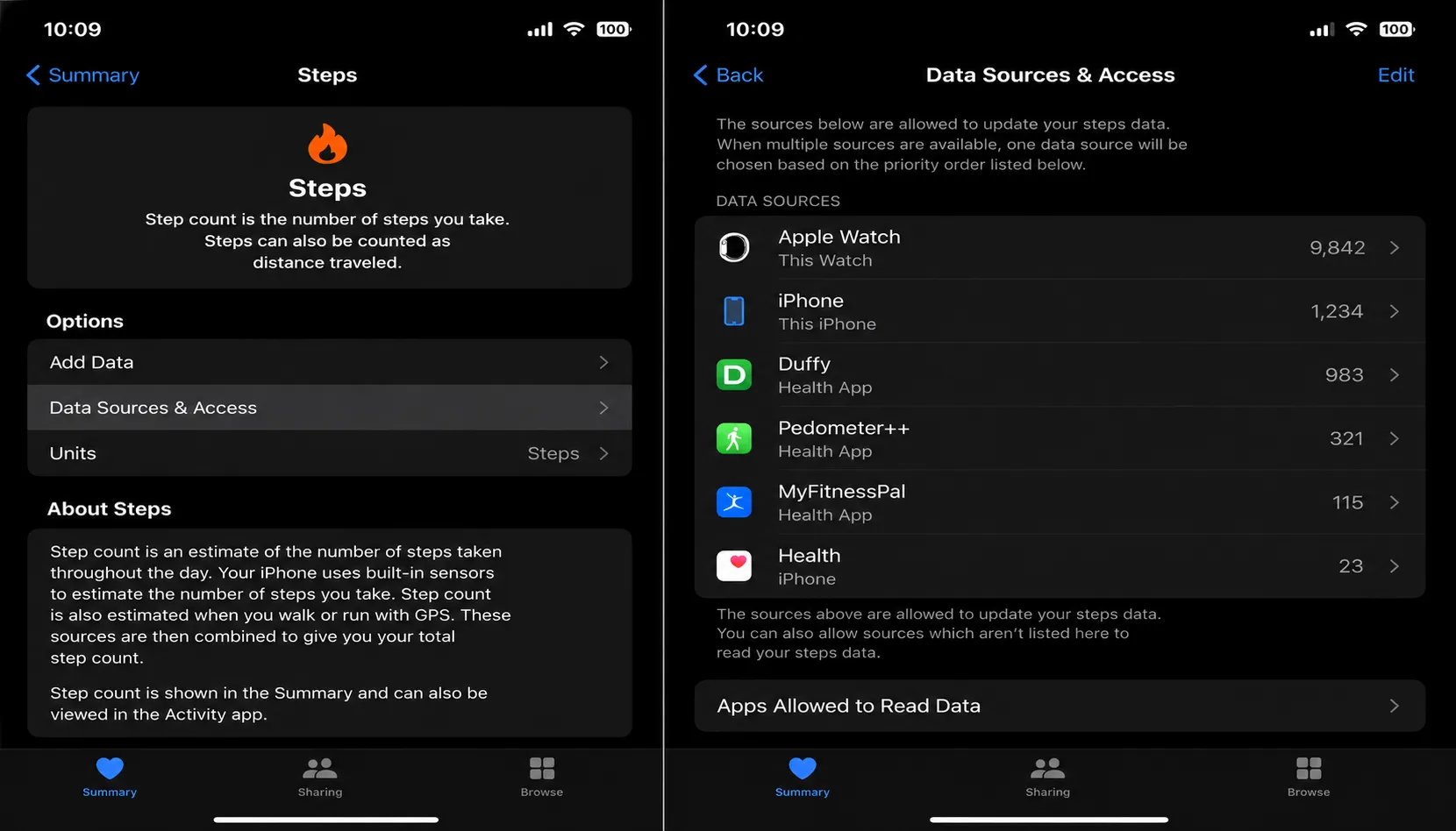 Apple Health data sources settings prioritizing Apple Watch above iPhone for step counting