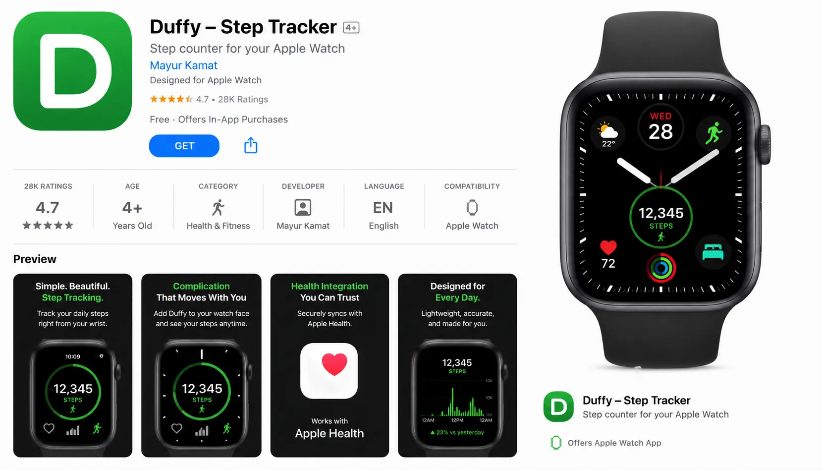 Duffy steps complication app showing daily step count on an Apple Watch face
