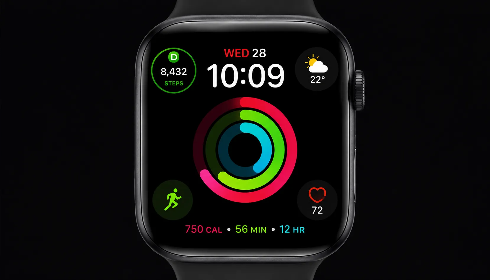 Hybrid Apple Watch face combining Activity rings steps complication weather and workout shortcuts