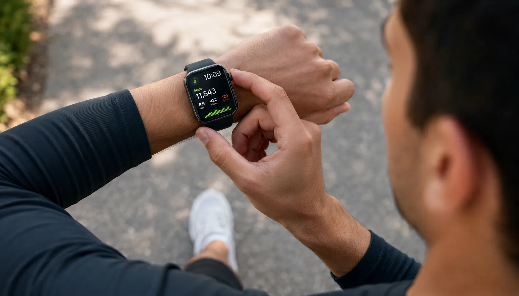 Person glancing at Apple Watch face showing daily step count complication while walking outdoors