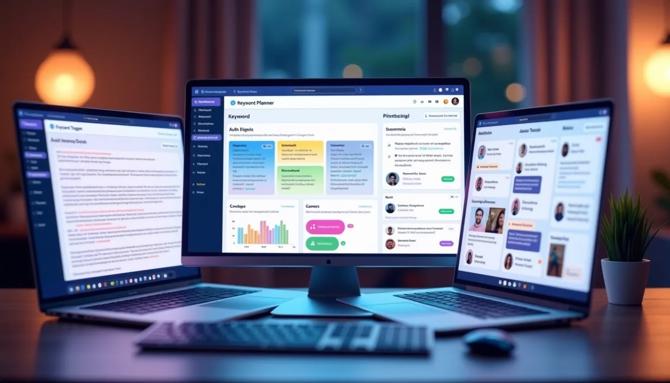 A digital dashboard displaying AI writing software, keyword clustering, and team collaboration tools side-by-side for optimized content creation.
