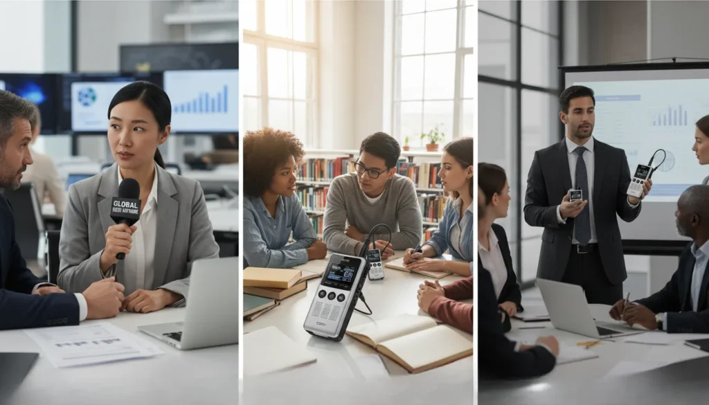 A diverse group—journalist, students, manager—using a modern audio recorder in news, study, and business situations, highlighting adaptability.