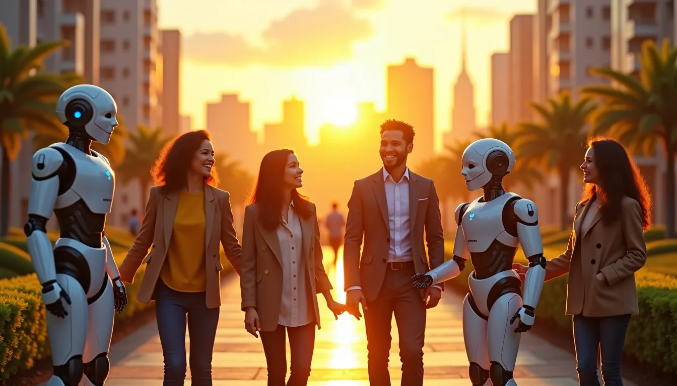 A future world where humans and AI coexist and collaborate for societal well-being, inspired by Samsung AI Forum 2025.