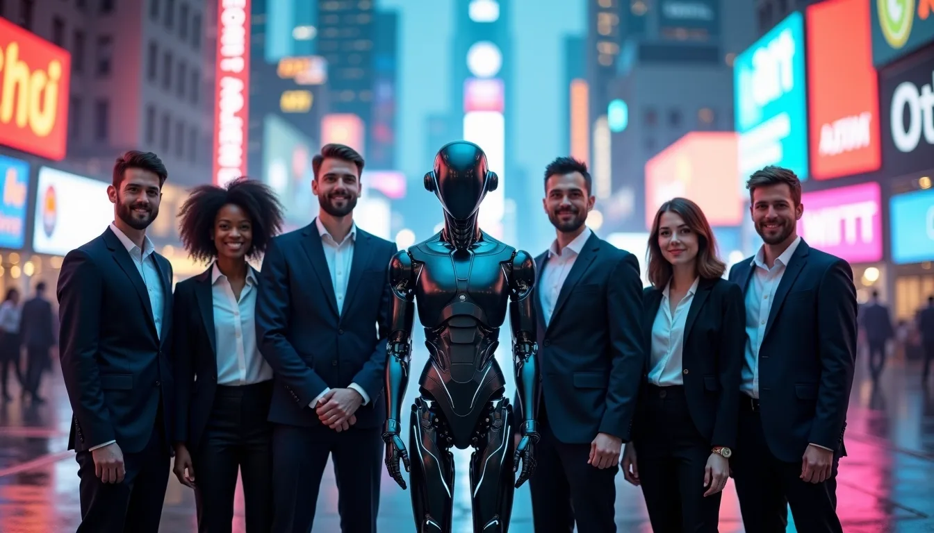 Business professionals and AI figures standing together in a digital city, symbolizing human-AI unity and the promise of autonomous AI.