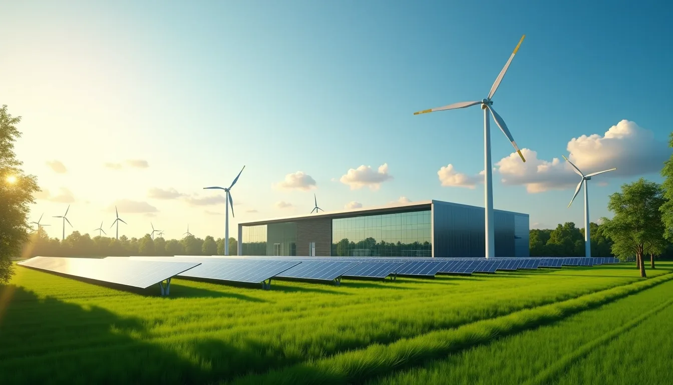 AI data center surrounded by solar panels and wind turbines in a green landscape, emphasizing environmental sustainability.