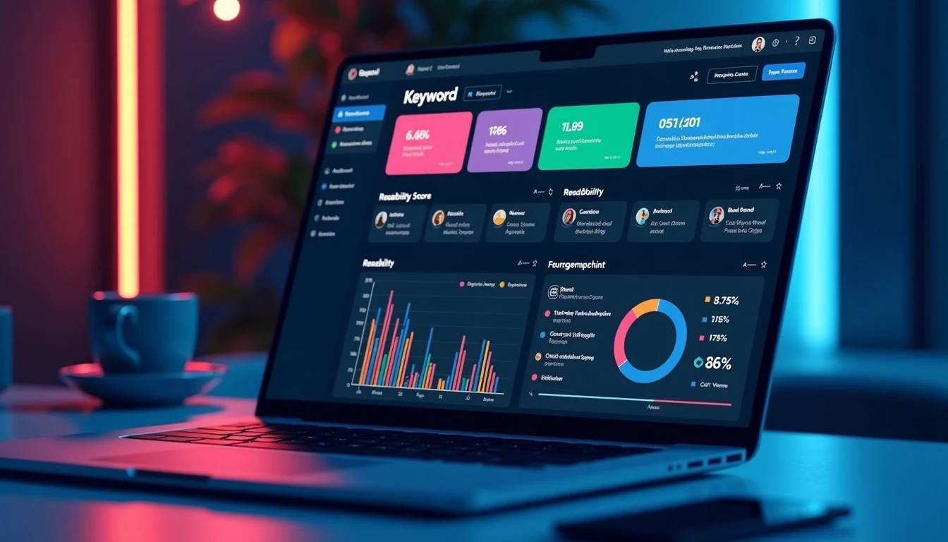 AI writing software SEO optimization dashboard with keyword planner, content readability metrics, and audience engagement tools in 2025.