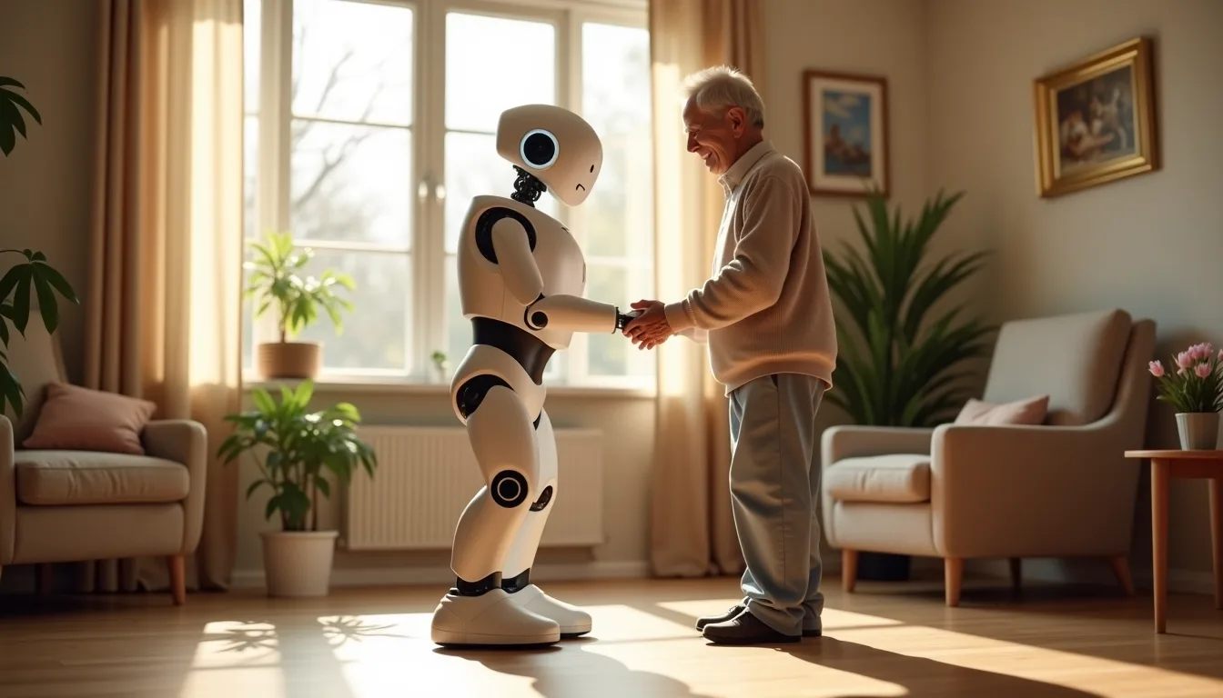 An AI robot providing compassionate eldercare in a home setting, exemplifying responsible AI innovation at Samsung AI Forum 2025.