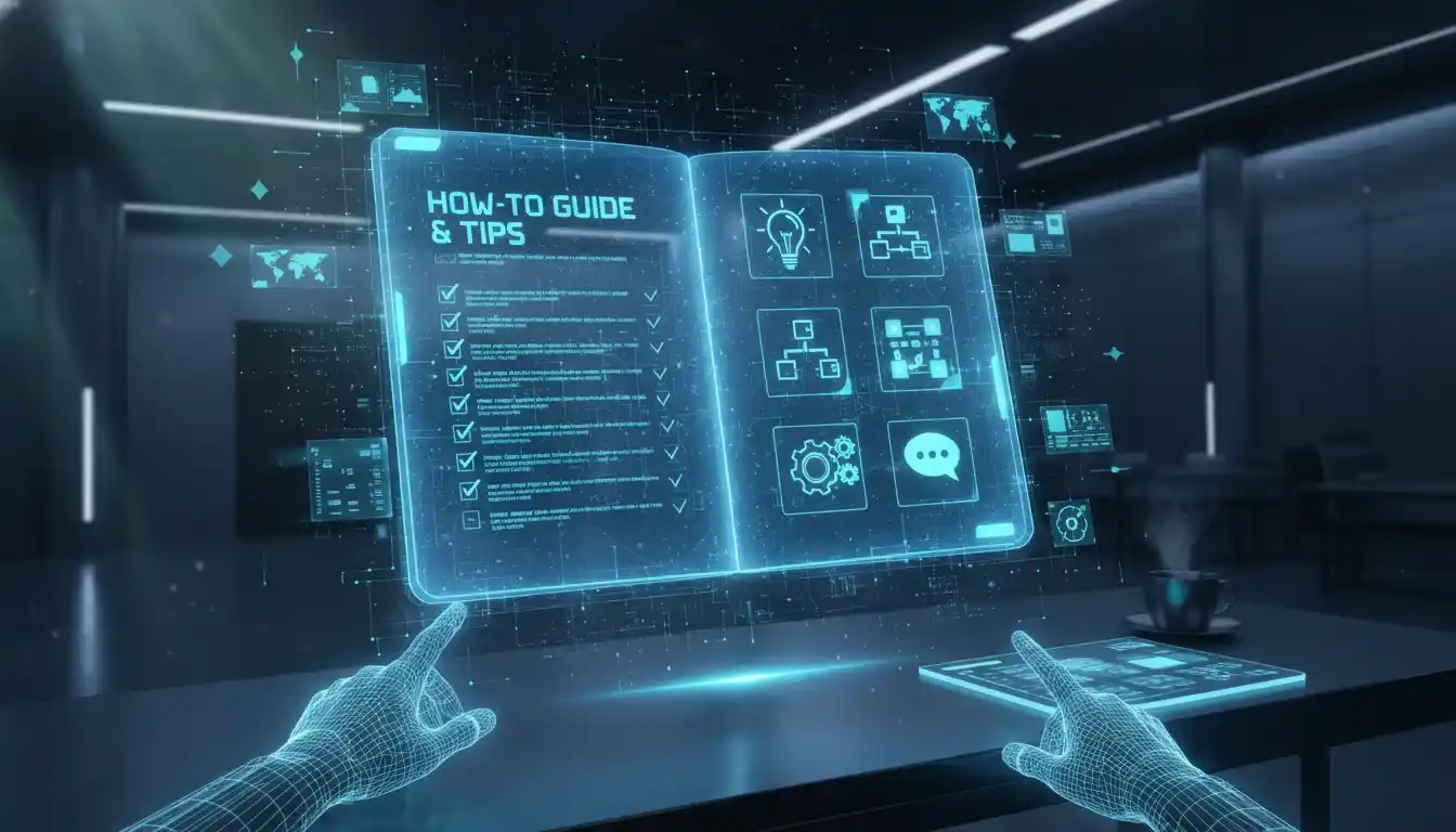 An AI-themed image depicting two wireframe hands manipulating a translucent, glowing digital book interface An AI-themed image depicting two wireframe hands manipulating a translucent, glowing digital book interface labeled 'How-To Guide & Tips,' set against a high-tech, sci-fi background with other data displays.