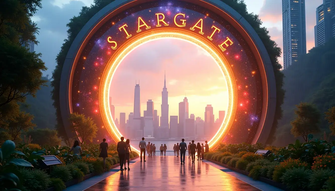 Bright digital portal above a diversified city, with people and technology coexisting, symbolizing Stargate’s optimistic vision for the future.