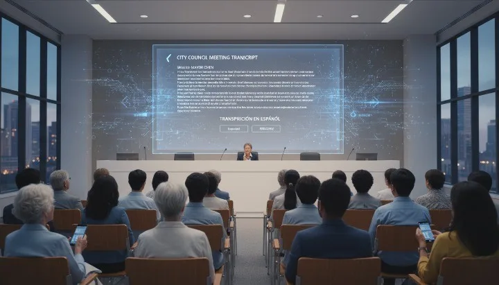 City council meeting with on-screen Whisper transcription for public transparency and multi-language access.