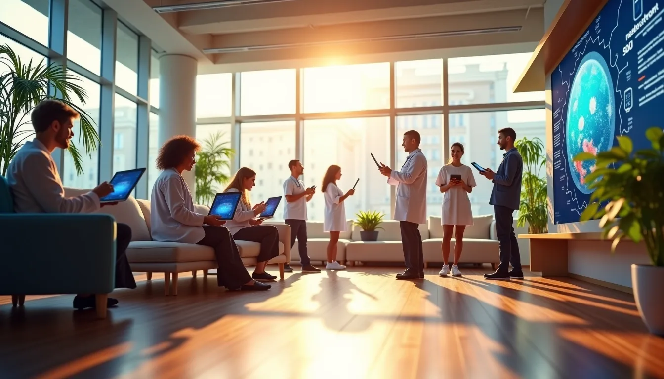 Community space with professionals and students engaging with AI interfaces, representing Stargate’s positive societal impact