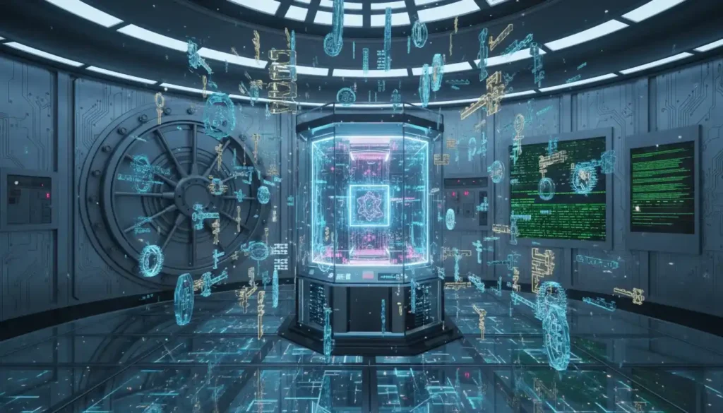 Conceptual visualization of Post Quantum Cryptography protecting data from quantum threats.