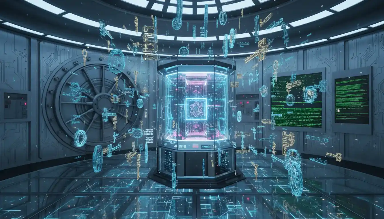 Conceptual visualization of Post Quantum Cryptography protecting data from quantum threats.