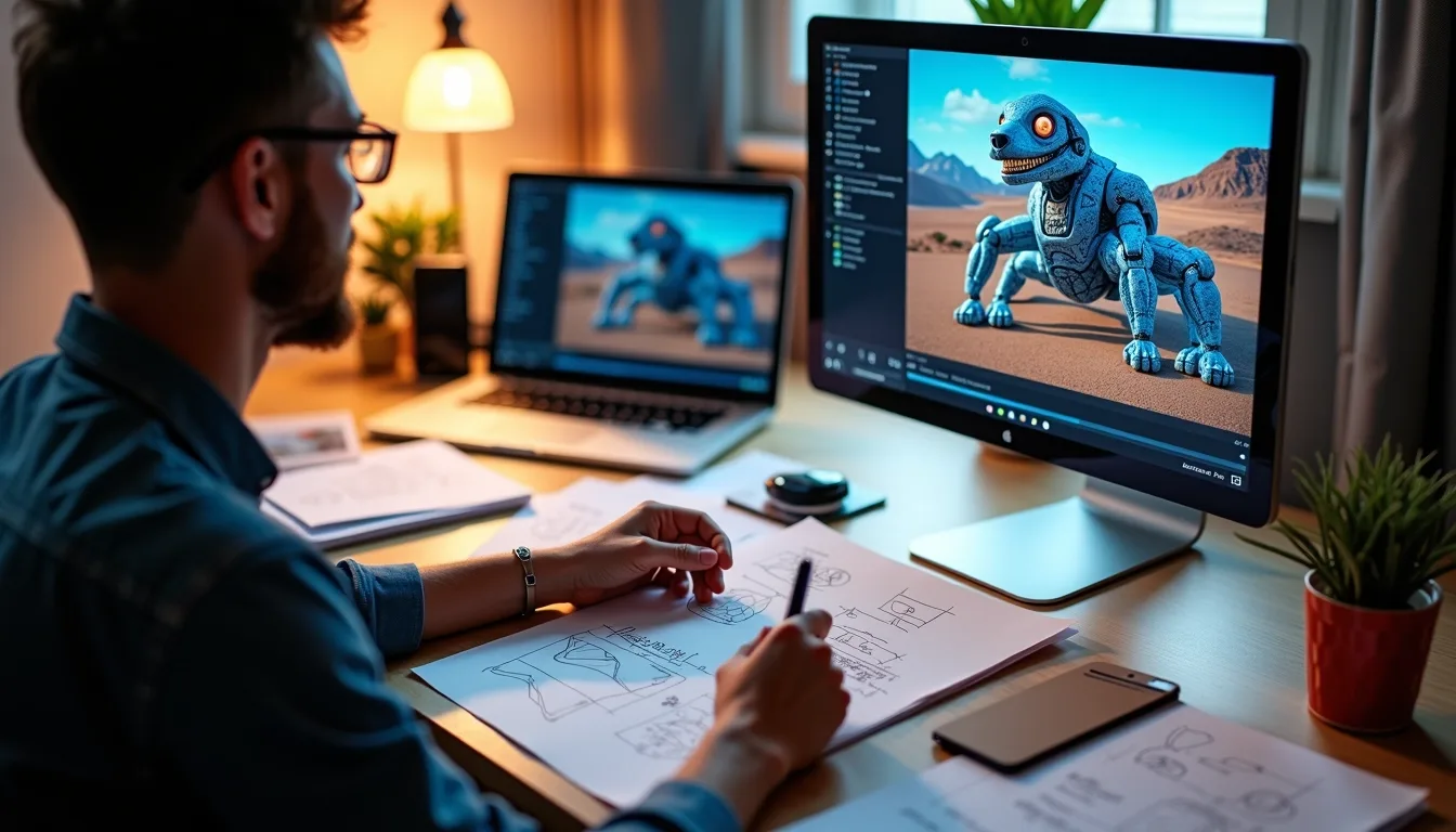 Content creator engaging with AI video generators in a creative workspace surrounded by sketches and digital tools, focusing on AI content creation.