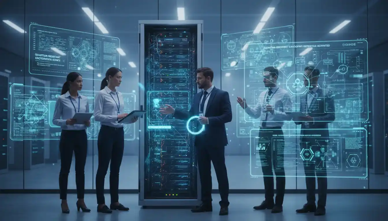 Cybersecurity professionals updating encryption systems for quantum resistance.