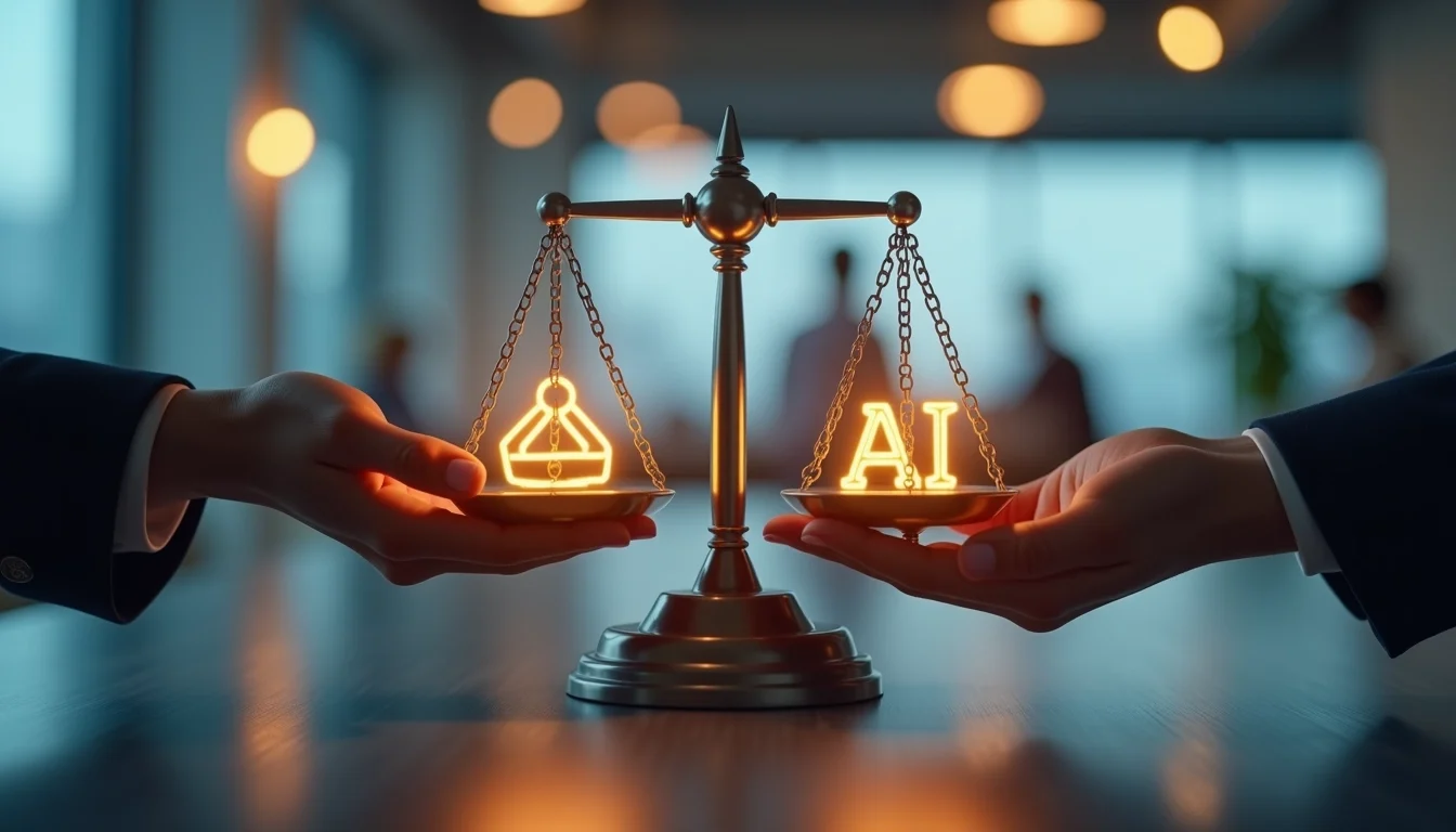 Digital scale balancing AI and human hand, representing ethical autonomy and responsible governance.