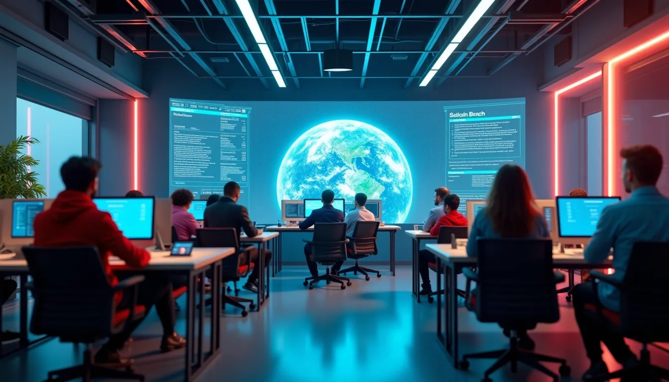 Diverse creative team using AI video generators interfaces to produce inclusive and innovative AI content creation projects in a futuristic studio setting.
