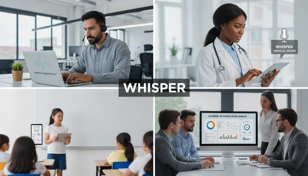 Diverse industry professionals leveraging Whisper Transcription for productivity, accessibility, and global reach.