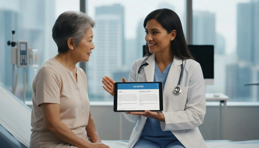 Doctor using Whisper Transcription during a patient consultation in a busy urban hospital, converting spoken notes into English and Spanish while maintaining on-device privacy