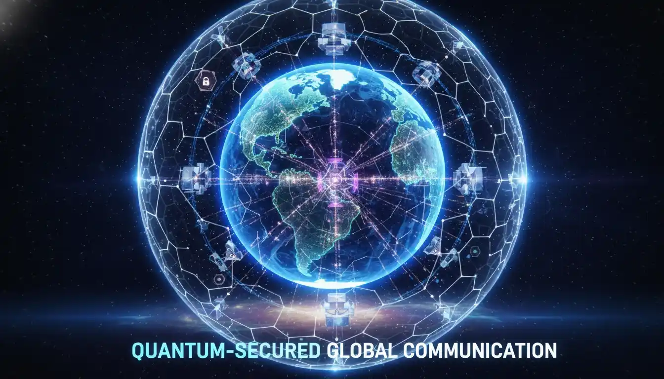 Future visualization of quantum-secured global communication infrastructure.
