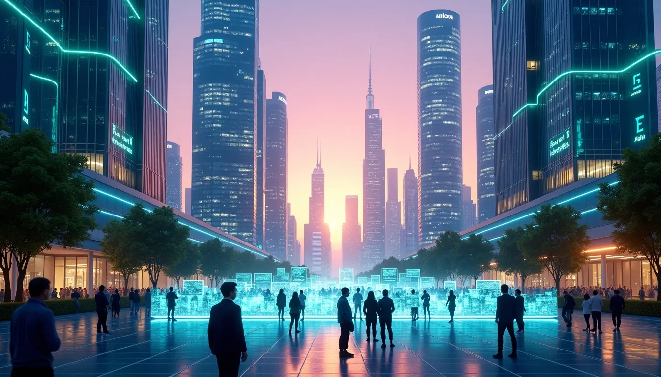 Futuristic cityscape with data streams linking people and buildings, reflecting autonomous AI powering tomorrow’s society.