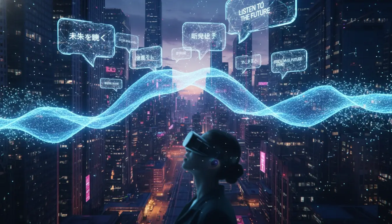 Soundwave transforming into global text via Whisper Transcription AI.