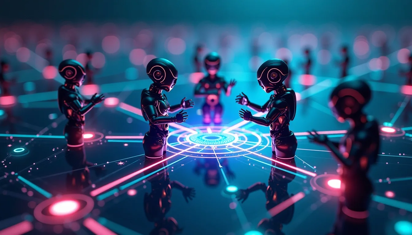 Glowing digital grid with interconnected AI agents sharing insights, symbolizing collaborative autonomous AI.