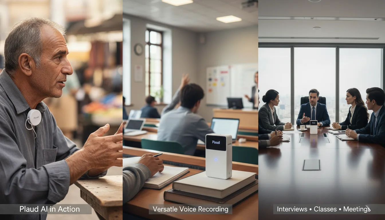 Hands-on use of Plaud AI Voice Recorder—field interviews, classes, boardrooms—highlighting Plaud AI’s high usability and versatility.