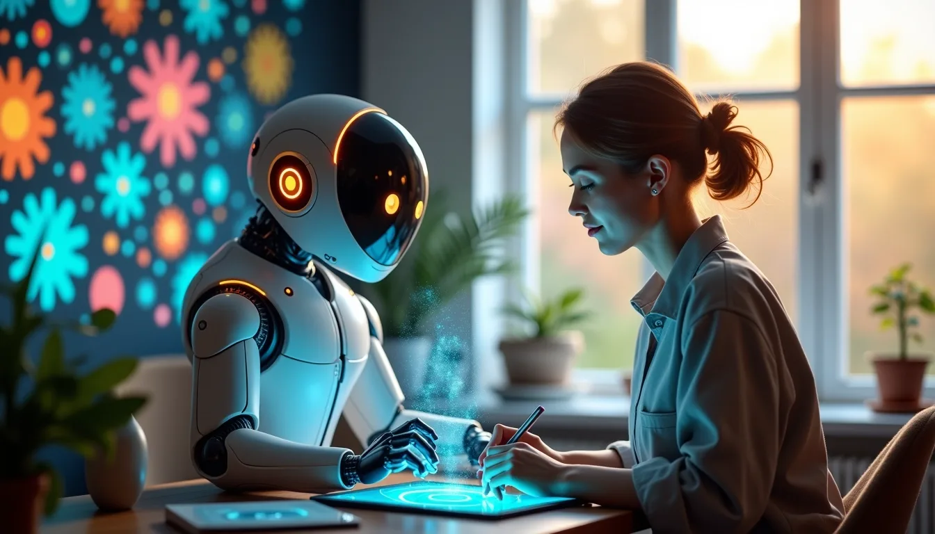 Human and AI assistant collaborating on creative projects, surrounded by wellness and empathy icons, emphasizing human-centric AI.