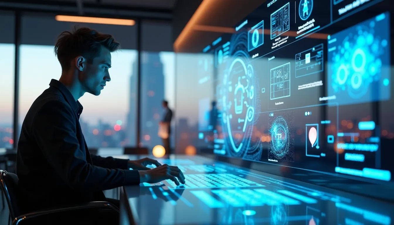 Human and AI avatar collaborating using an AI video generator in a futuristic editing studio, showcasing advanced AI content creation.