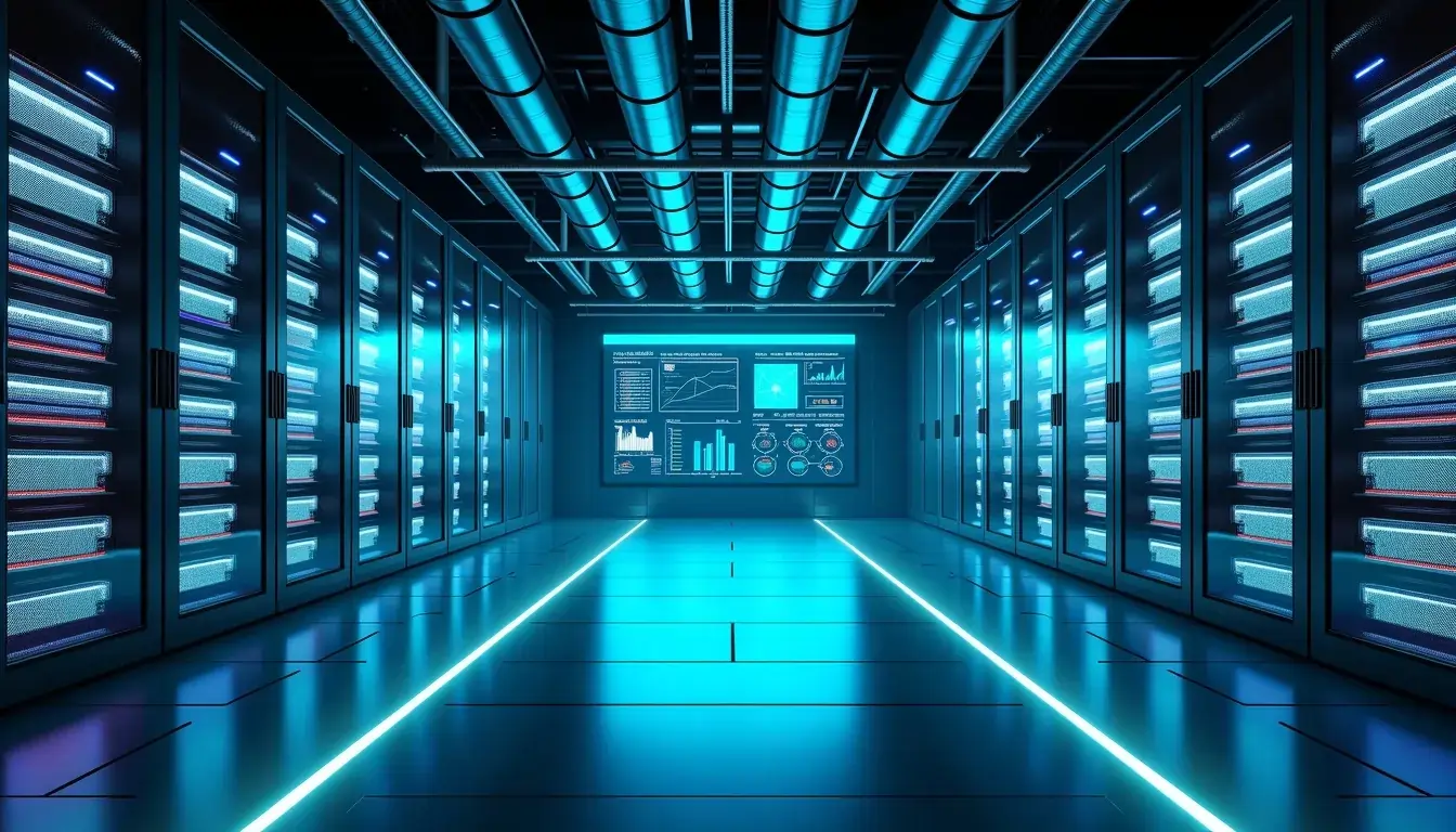 Interior of a modern AI data center showing racks with liquid cooling, bright server arrays, and data dashboards reflecting Stargate’s advanced design.