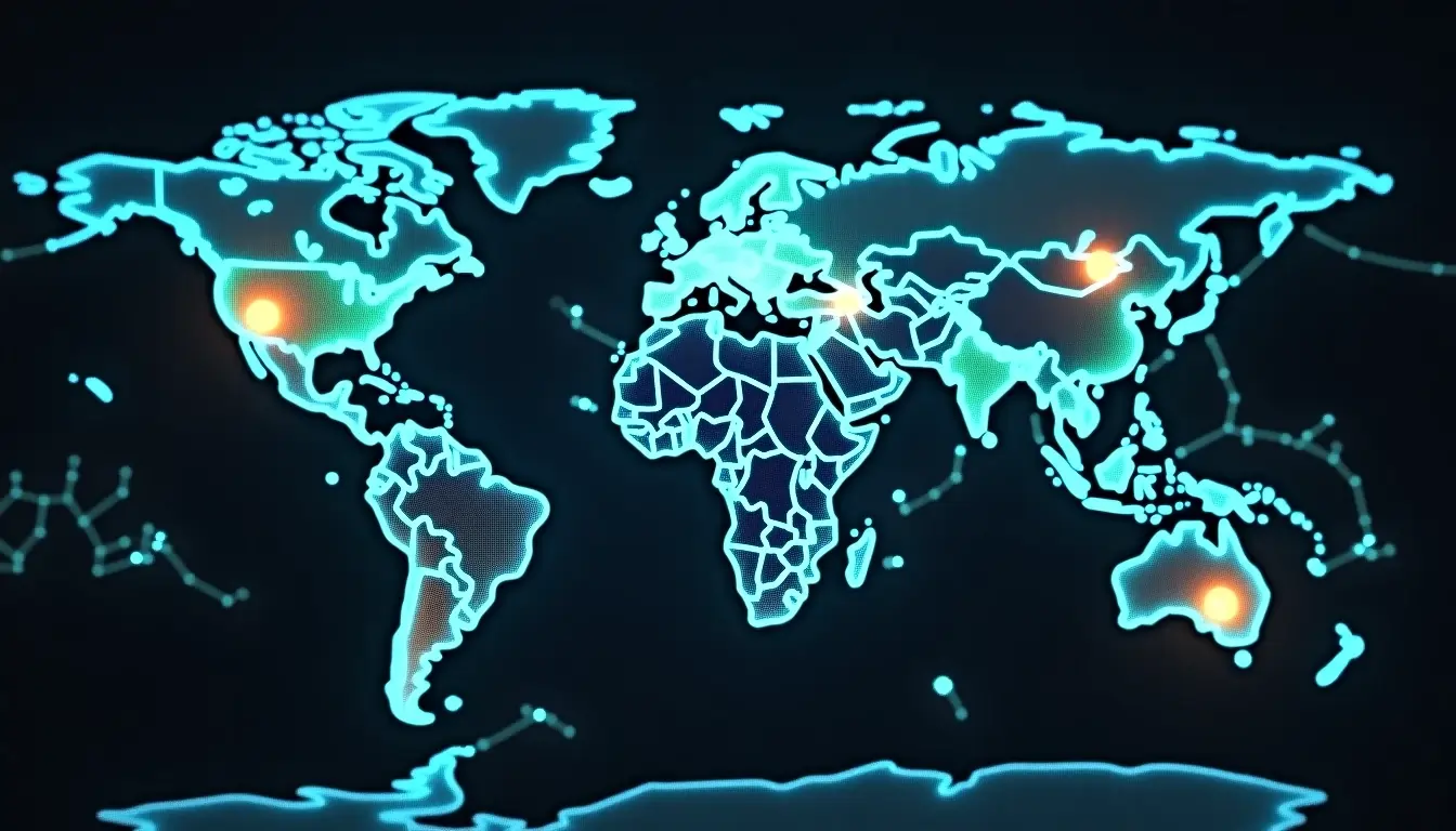 Map showing global AI data center hubs and international connections, denoting the fierce worldwide competition in supercomputing infrastructure.