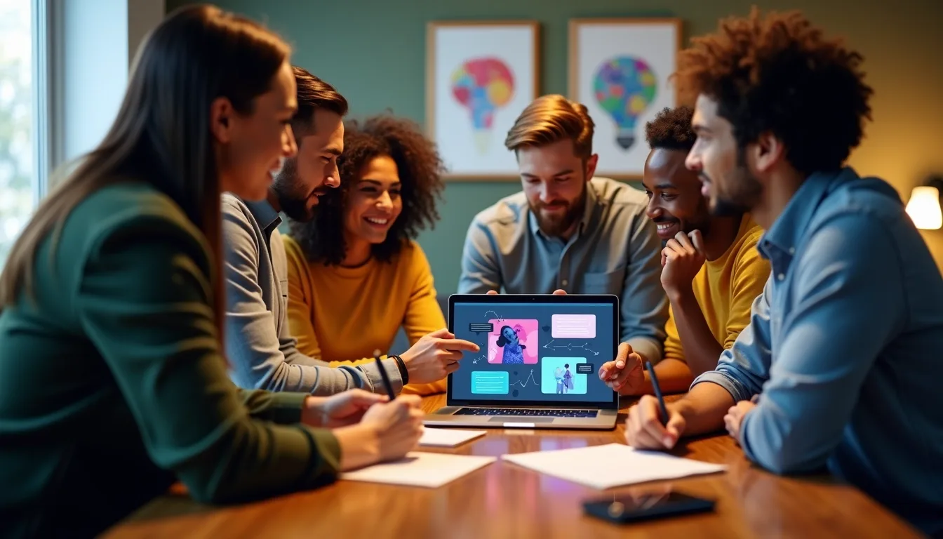 Multicultural marketing professionals collaboratively optimizing AI-created video content generated by AI video generators for authenticity and engagement.