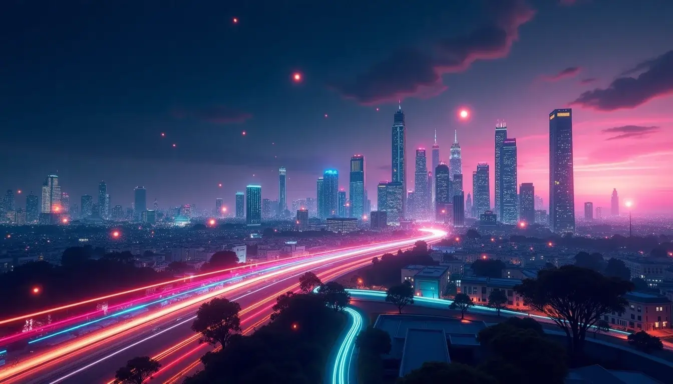 Futuristic night city with a glowing AI data center at its core representing OpenAI Stargate’s impact on next-generation infrastructure.