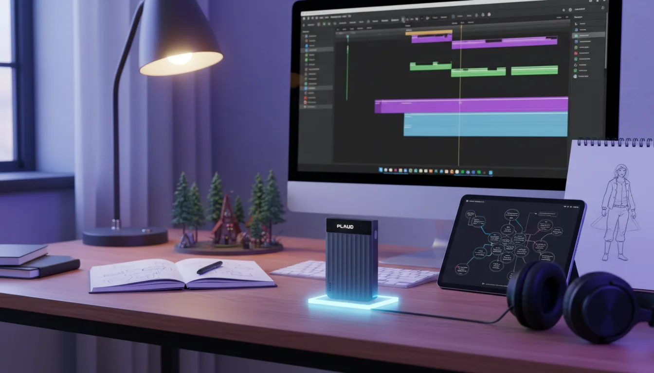 Plaud AI Voice Recorder in a creative workspace—illustrating Plaud AI’s innovation for productive audio management and digital storytelling.