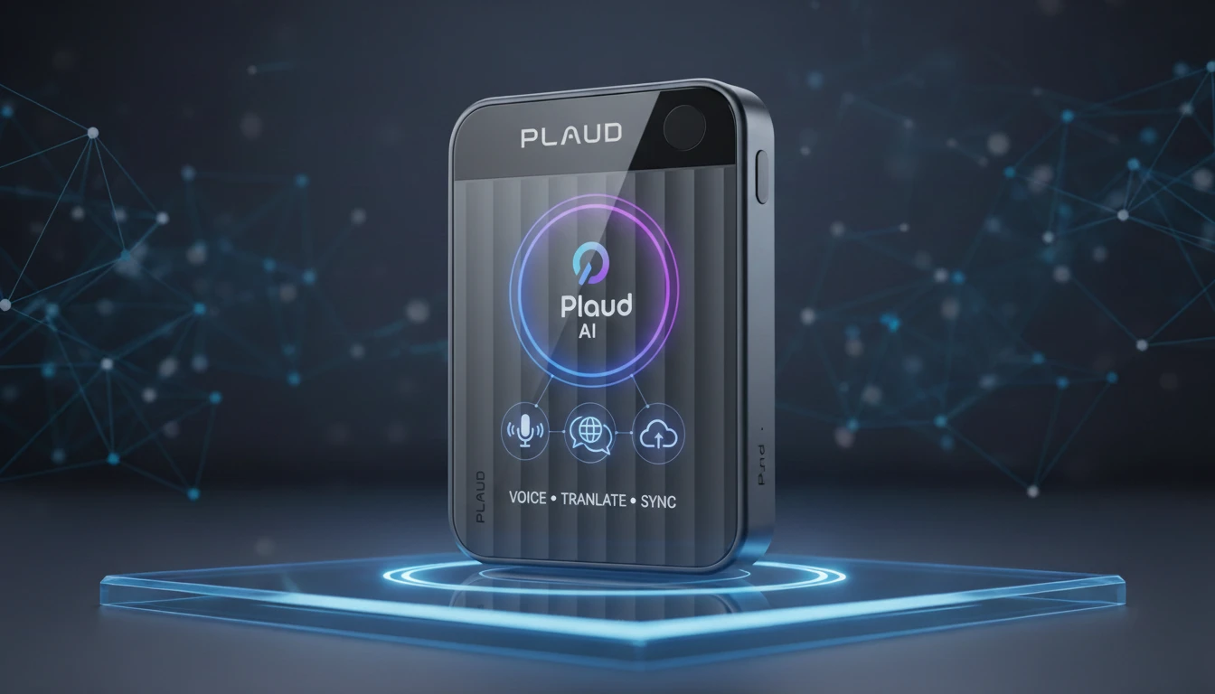 Plaud AI Voice Recorder with digital integration icons—showing Plaud AI’s AI-powered voice recording, translation, and cloud syncing.