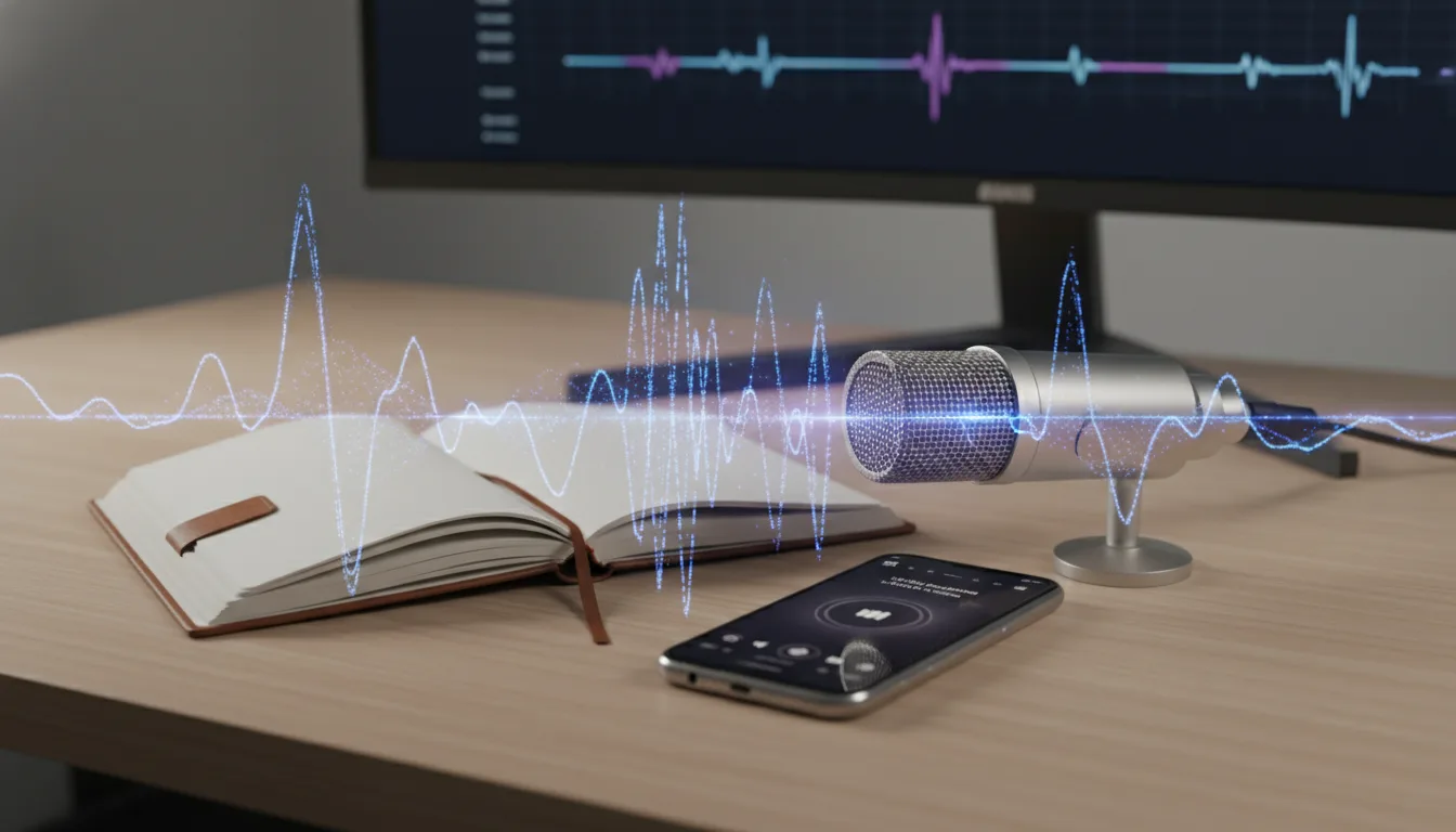 Productivity workspace with Plaud AI, AI Voice Recorder device, notebook, and smartphone—showcasing Plaud AI for modern audio recording