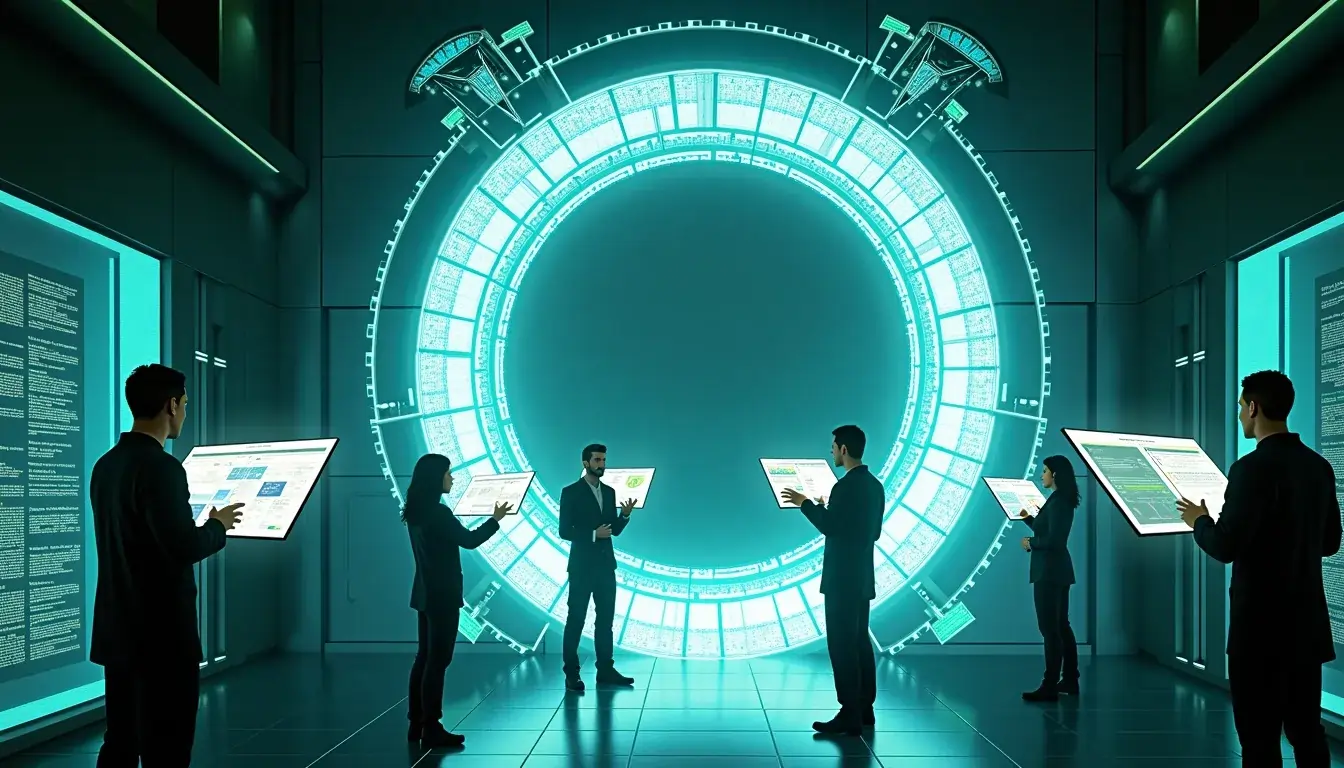 Ring-shaped futuristic AI supercomputing facility with engineers and transparent digital interfaces symbolizing Stargate’s technological leap.