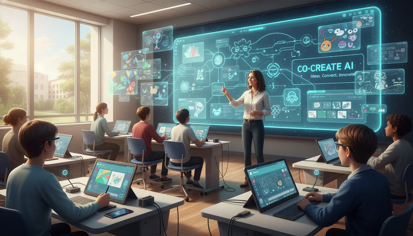 Students and teacher using an AI-powered platform for creative, interactive classroom collaboration.