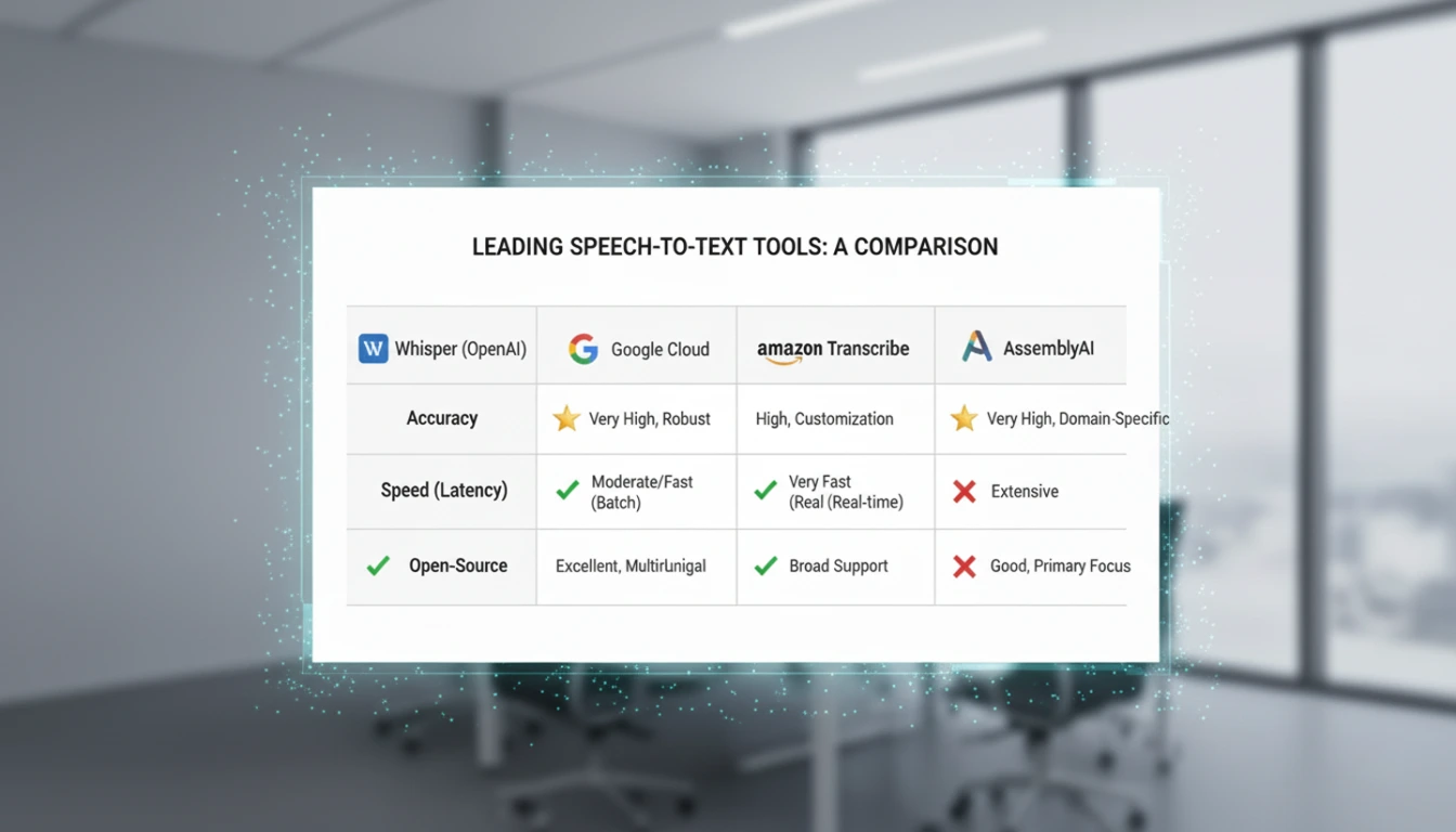 Table highlighting Whisper Transcription's STT advantages in accuracy, real-time speed, and multilingual support.