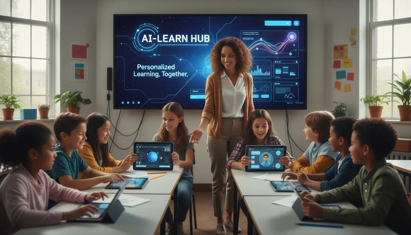 Teacher and diverse classroom of students embracing collaborative learning with AI for Teachers tools, showcasing the future synergy of human educators and innovative education technology.
