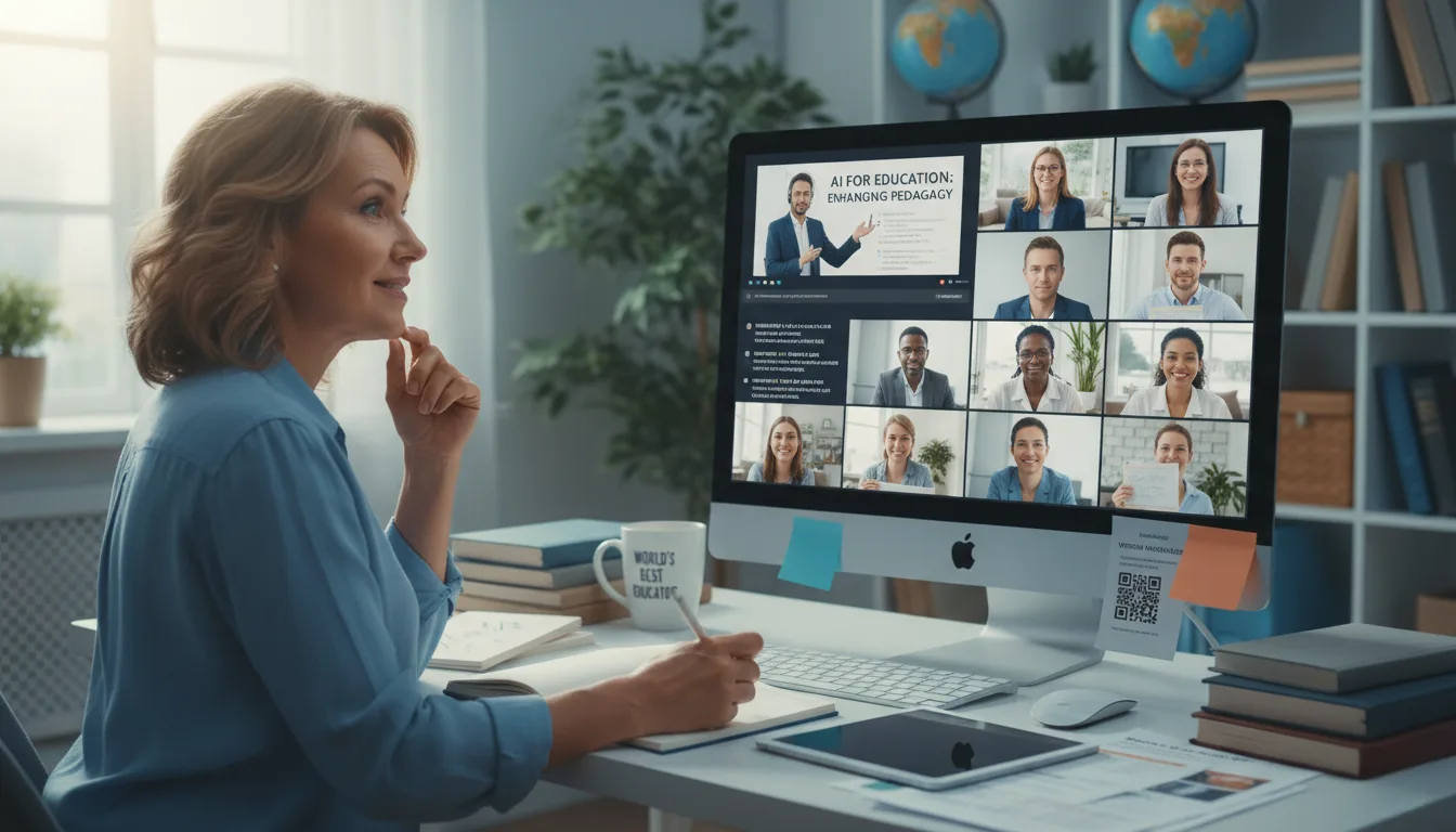 Teacher participating in a global online AI professional development session with other educators.