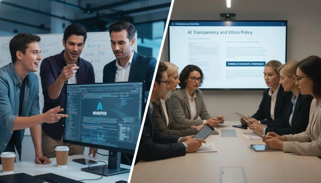 Tech and ethics teams collaborating to improve Whisper Transcription’s accuracy and societal impact.