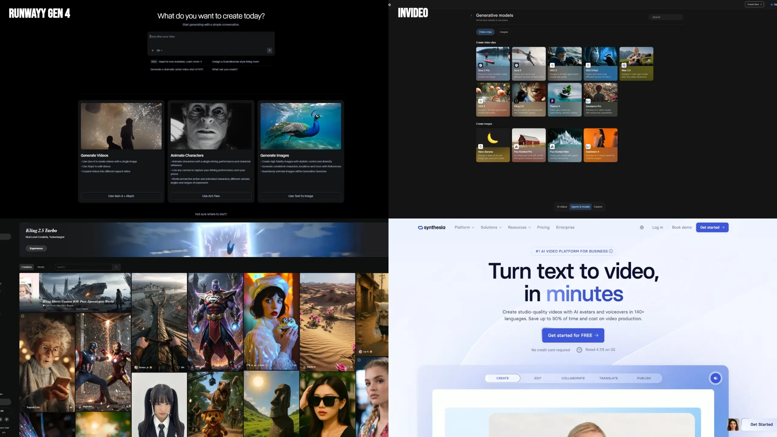 User interfaces of top AI video generators displayed on multiple computer screens, illustrating diverse AI content creation tools for various platforms.