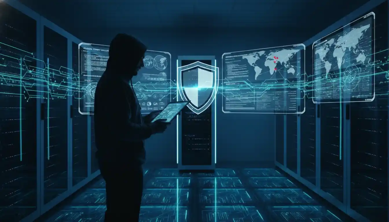 Visual representation of cybersecurity, showing a hacker or security expert in a server environment, with digital screens displaying network activity and a prominent security shield. Visual representation of cybersecurity, showing a hacker or security expert in a server environment, with digital screens displaying network activity and a prominent security shield.