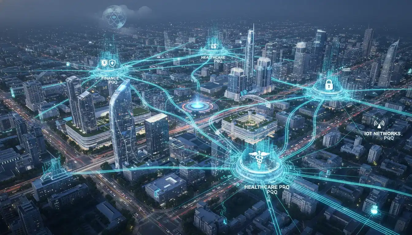Visualization of global industry adoption of Post Quantum Cryptography securing diverse digital systems.
