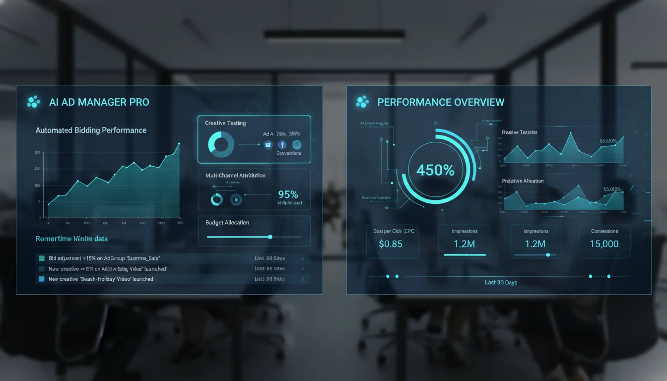 AI Marketing campaign manager interface displaying automated ad optimization and cross-channel performance metrics.