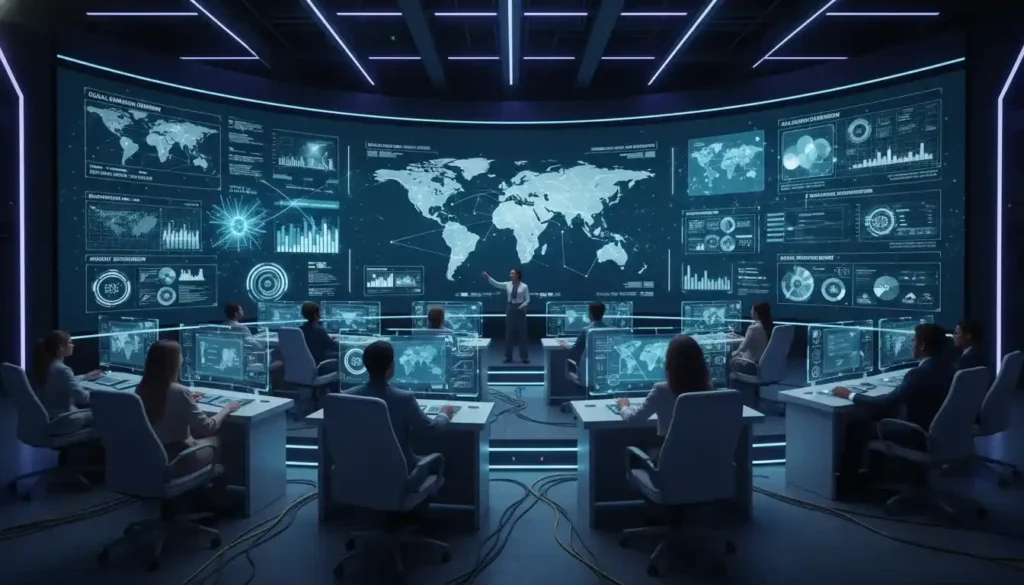 AI Marketing command center with a diverse team monitoring real-time global campaign performance and customer insights.