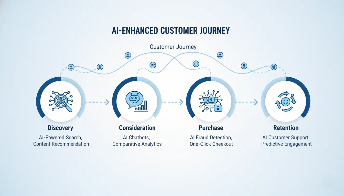 AI-enhanced customer journey diagram showing personalized interactions and automated touchpoints powered by AI Marketing.