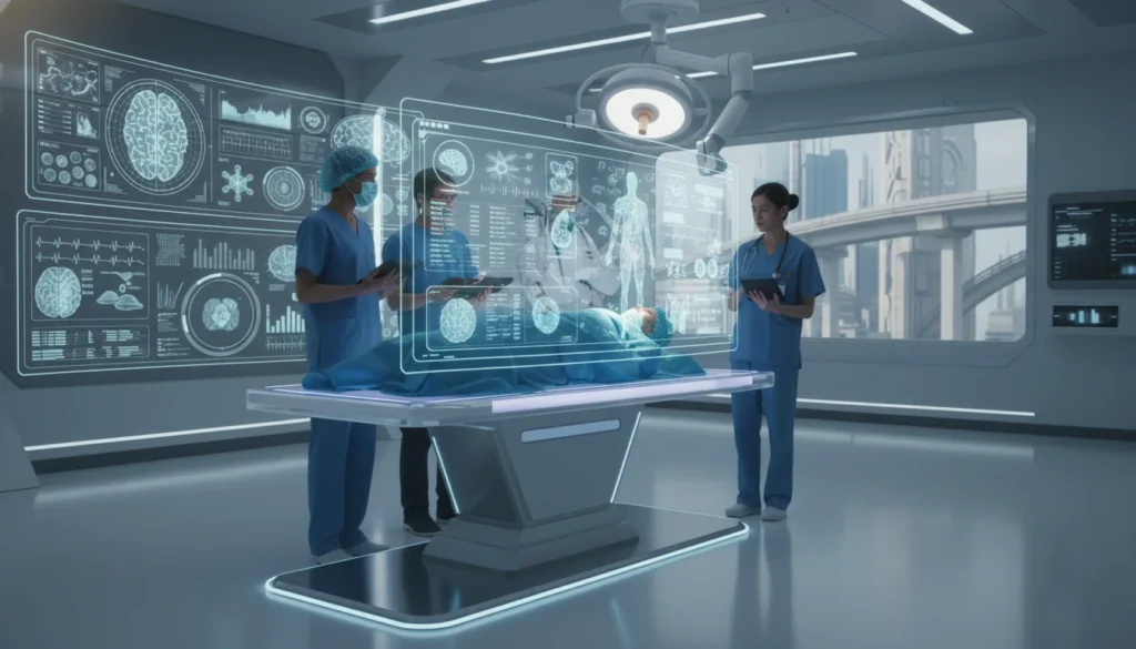 AI healthcare tools supporting a team of doctors in clinical decision-making using real-time patient analytics in a hospital setting.